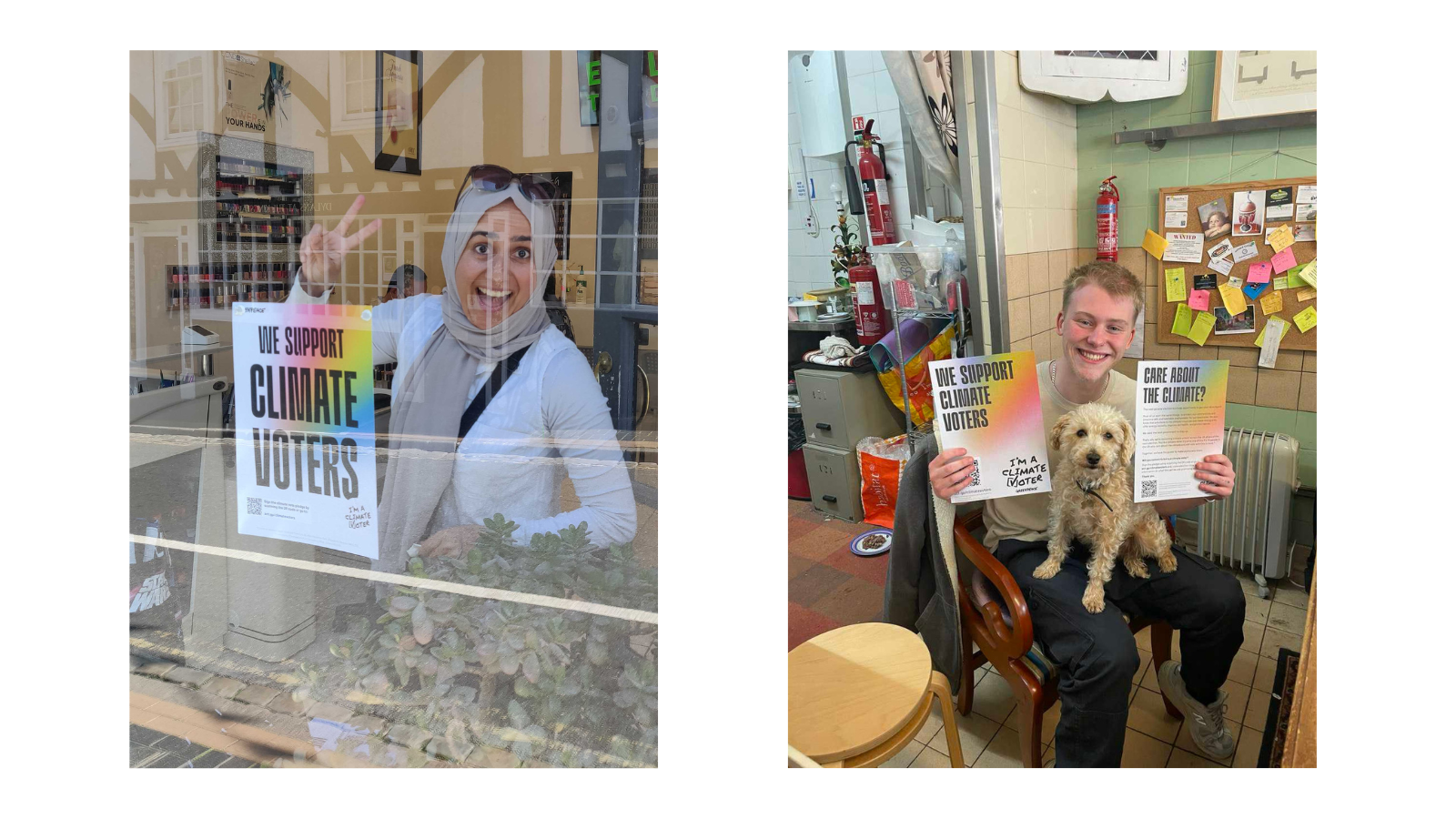 People (and dogs!) with 'We support climate voters' posters