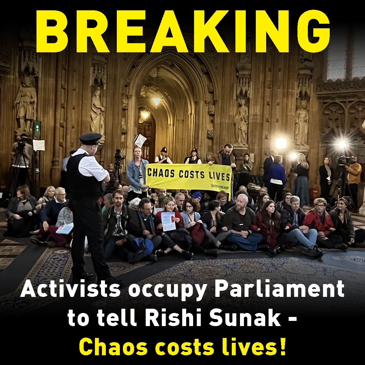 Activists occupy Parliament to tell Rishi Sunak - Chaos costs lives!