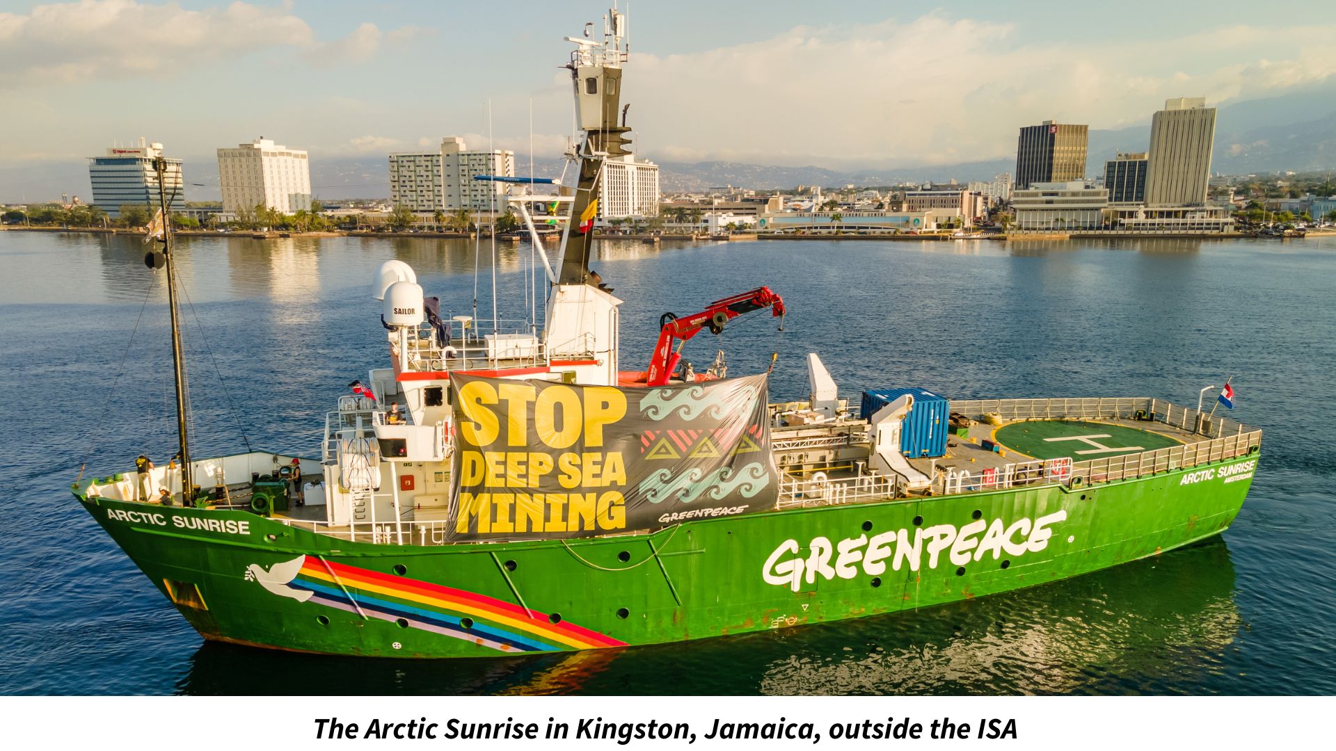 The Arctic Sunrise in Kingston, Jamaica, outside the International Seabed Authority. 