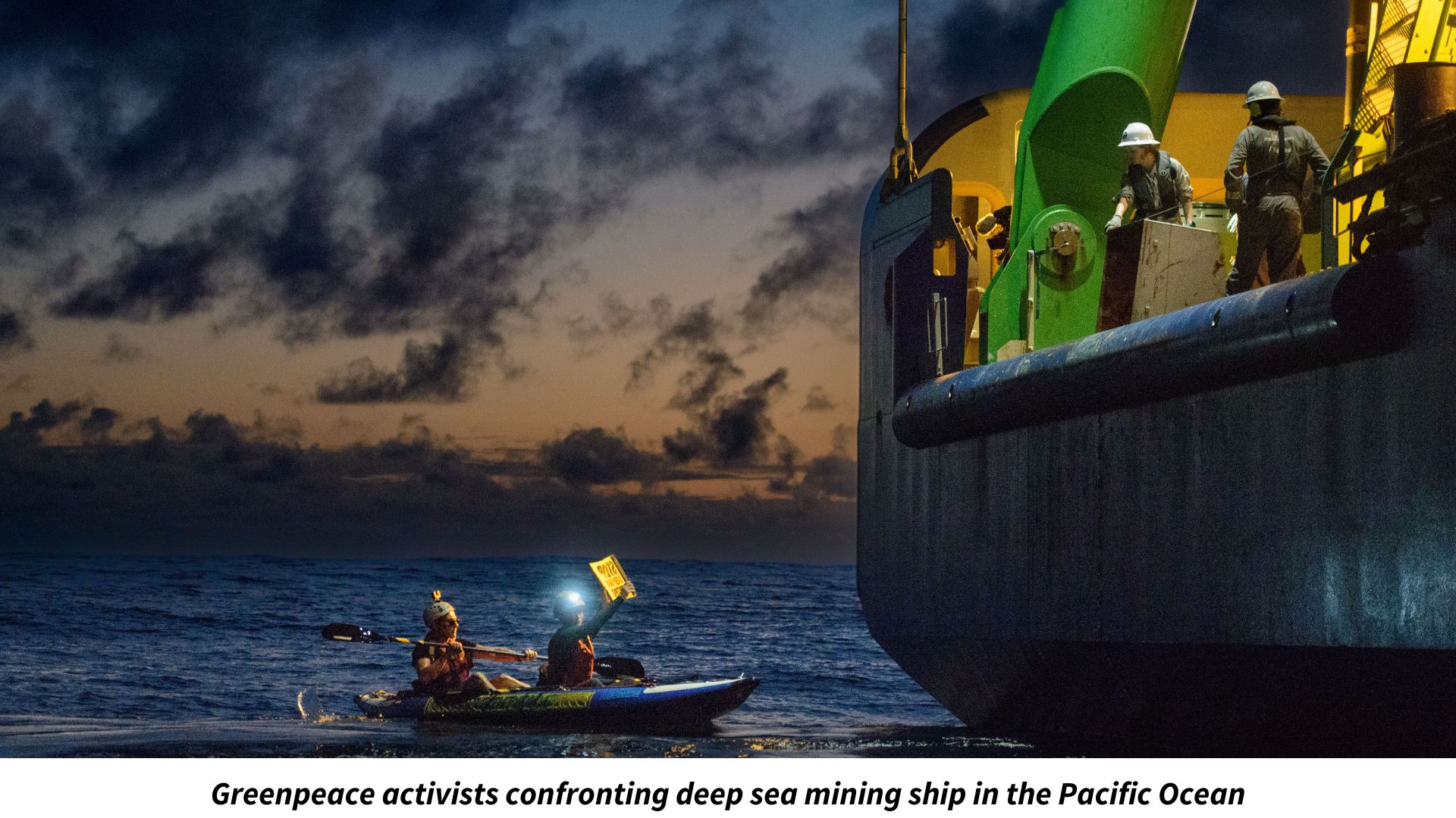 Greenpeace activists confronting deep sea mining ship in the Pacific Ocean