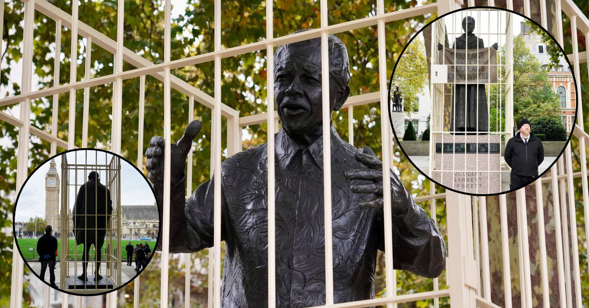 Greenpeace activists install prison bars around three iconic statues Nelson Mandela Mahatma Gandhi and the Suffragist Millicent Fawcett in Parliament Square